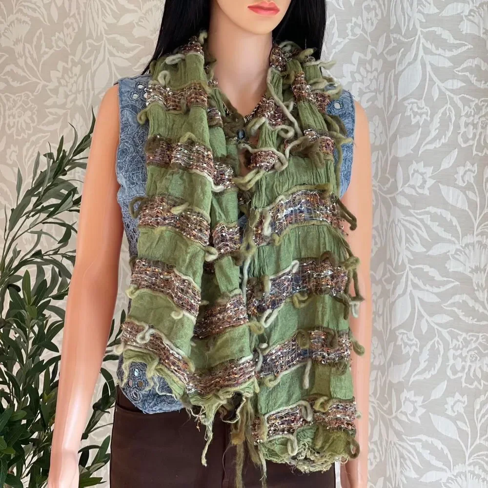 Vintage 90s Y2K Scala Collezione Textured Fringe Scarf Olive‎ Green Boho Crinkle